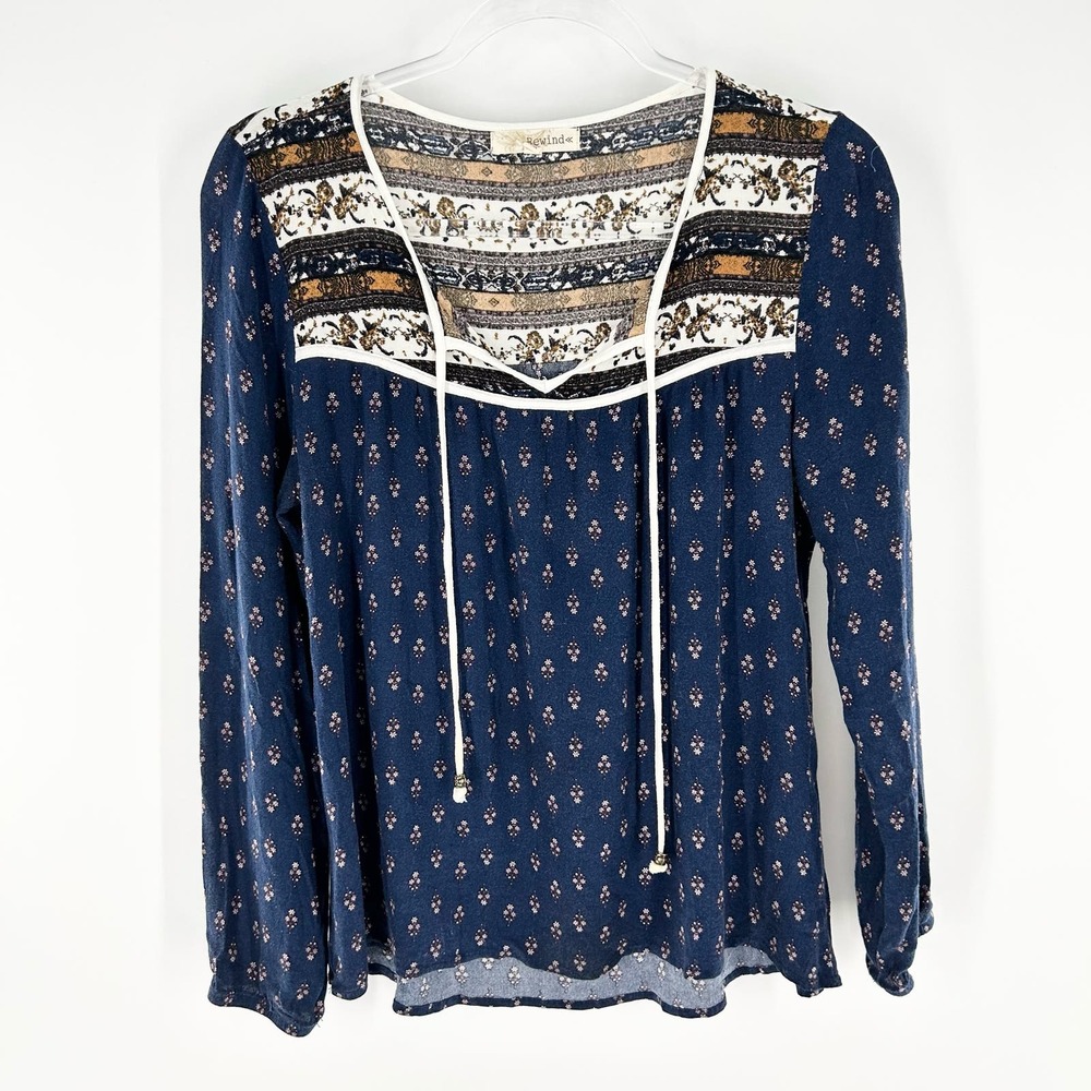 Rewind Blouse V-Neck Tassel Neckline Allover Pattern Navy Blue Top Size Large